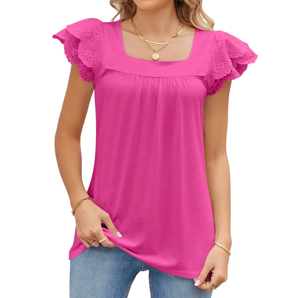 Solid Color Lace Stitching Square Collar Petals Short Sleeve T-shirt Top Female - Rose Red
