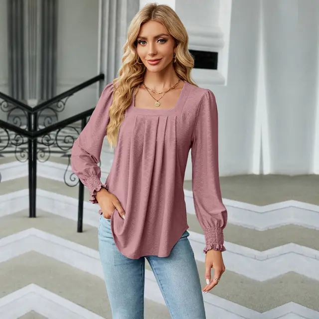 Jacquard Pleated Square Collar Long Sleeve Swallowtail Solid Color T shirt For Women Dark Pink - Shop at LoveMi