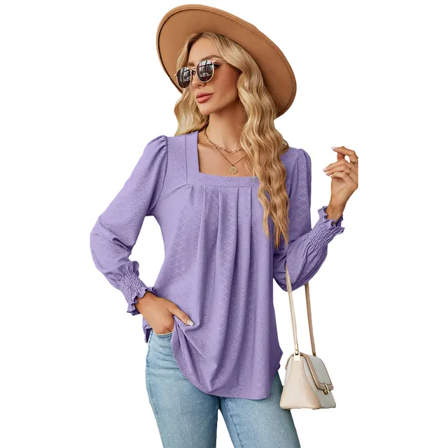 Jacquard Pleated Square Collar Long Sleeve Swallowtail Solid Color T shirt For Women Purple - Shop at LoveMi