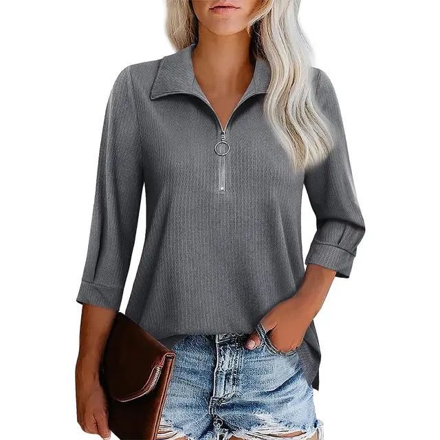 Three quarter Sleeve Zipper Ladies' V neck T shirt Top Gray - Shop at LoveMi