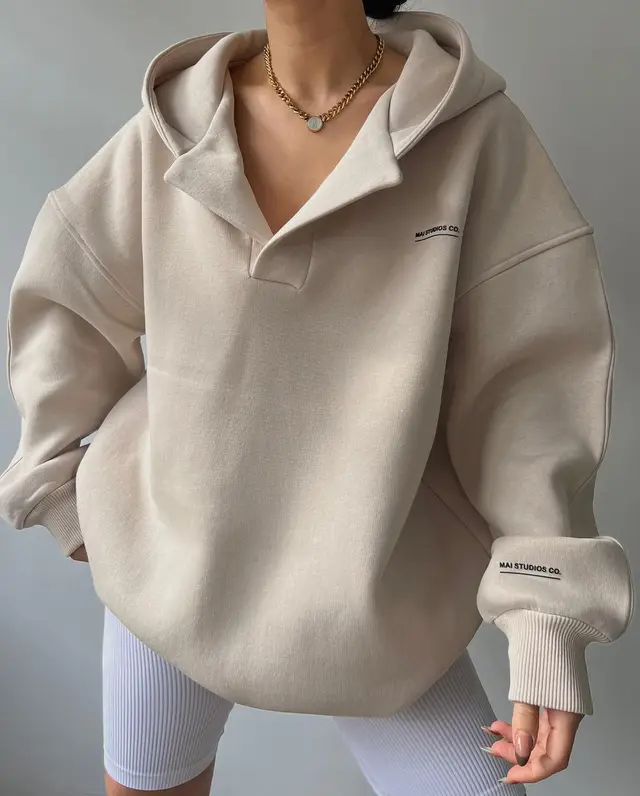 Fleece lined Hooded Printed Long sleeved Basic All matching Sweater Apricot - Shop at LoveMi