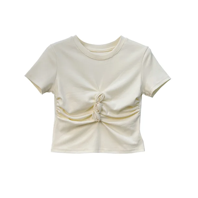Three dimensional Flower Round Neck Pullover T shirt Women's Top Apricot - Shop at LoveMi