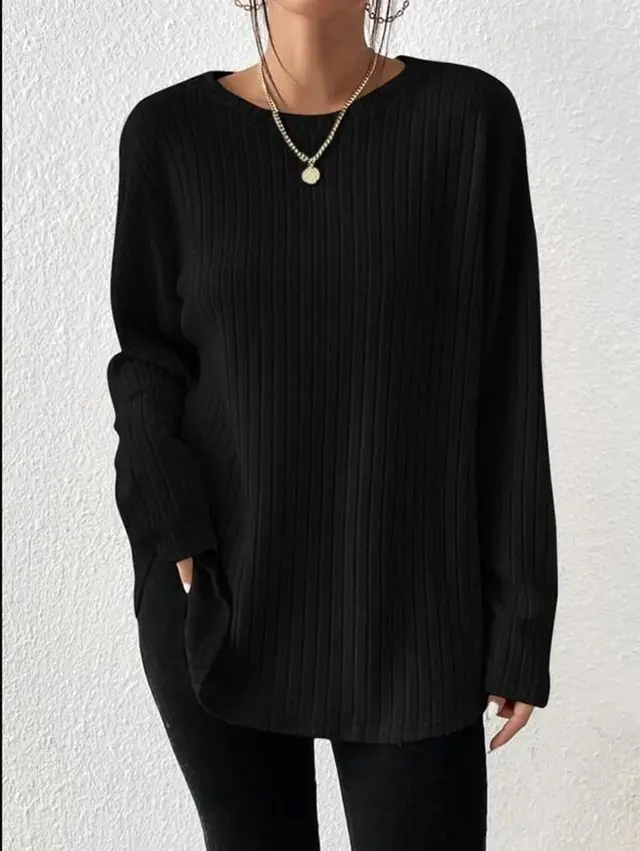Casual Loose Solid Color Round Neck Sweater Black - Shop at LoveMi