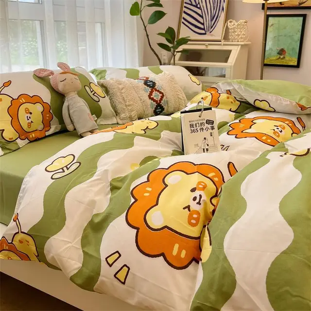 Washed Cotton Bed Sheet Quilt Cover Four piece Set Mr Lion B - Shop at LoveMi