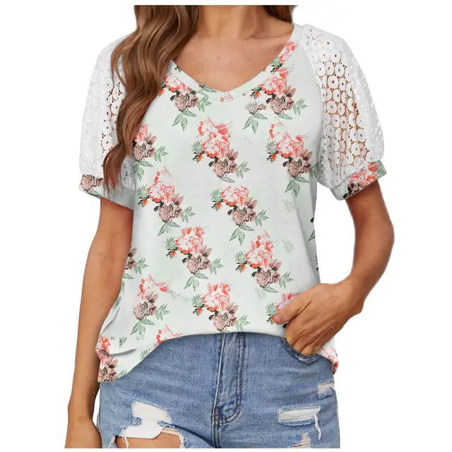 V neck Lace Stitching Casual T shirt For Women Printed Two - Shop at LoveMi