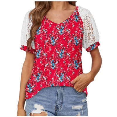 V neck Lace Stitching Casual T shirt For Women Printing Seven Xxl - Shop at LoveMi