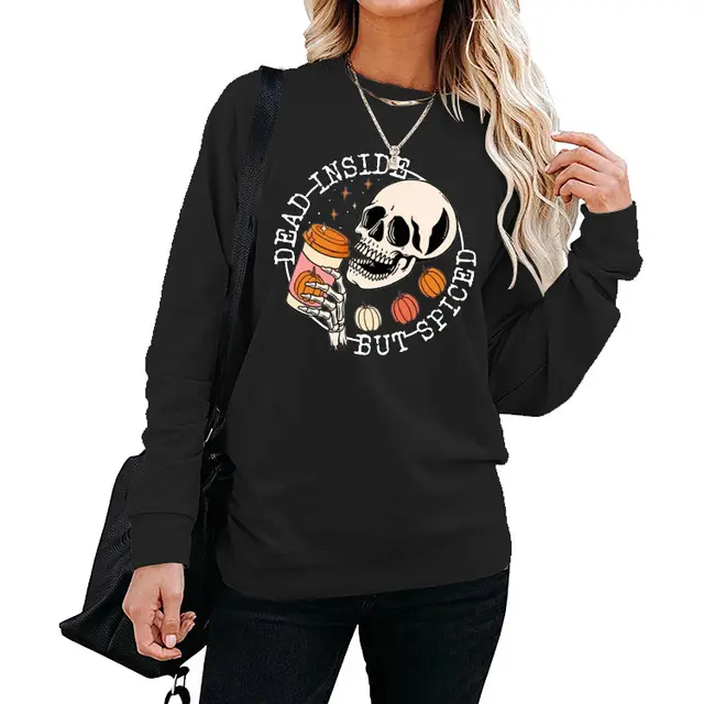 Winter Print Round Neck Long Sleeve Sweater Black - Shop at LoveMi