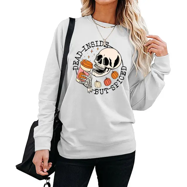 Winter Print Round Neck Long Sleeve Sweater White - Shop at LoveMi