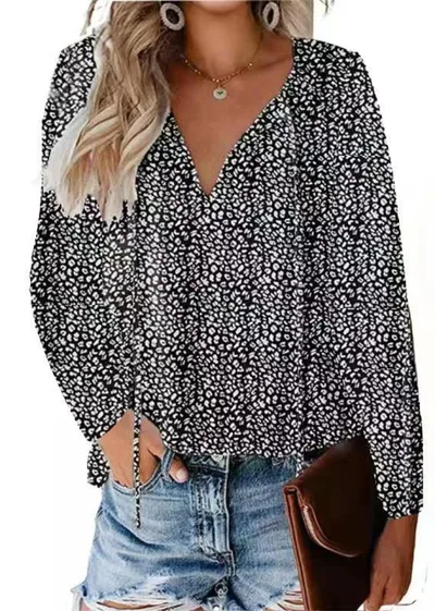 Floral Casual V neck Chiffon Shirt Loose And Simple Black Long Sleeve - Shop at LoveMi