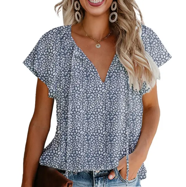 Floral Casual V neck Chiffon Shirt Loose And Simple Dark Blue - Shop at LoveMi