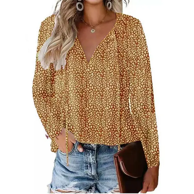 Floral Casual V-neck Chiffon Shirt Loose And Simple - Khaki Long Sleeve