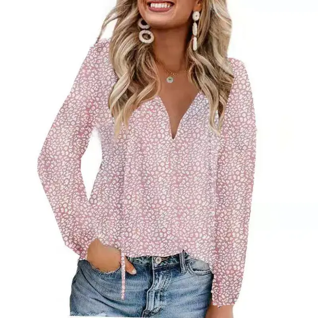 Floral Casual V neck Chiffon Shirt Loose And Simple Pink Long Sleeve - Shop at LoveMi