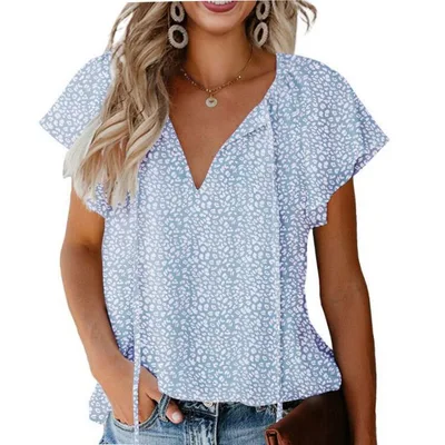 Floral Casual V neck Chiffon Shirt Loose And Simple Sky Blue - Shop at LoveMi