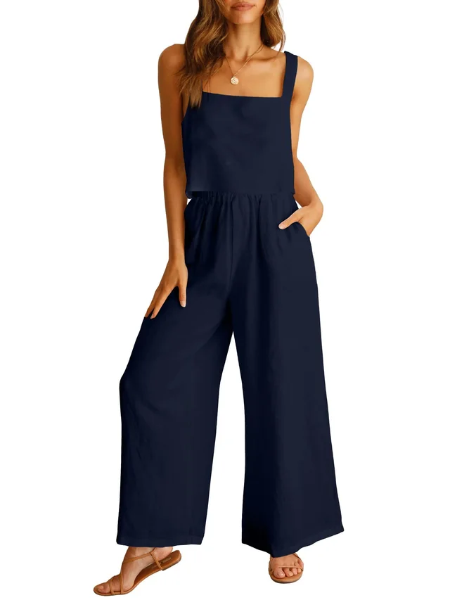 Sleeveless Camisole Wide Leg Pants Casual Suit Dark Blue - Shop at LoveMi