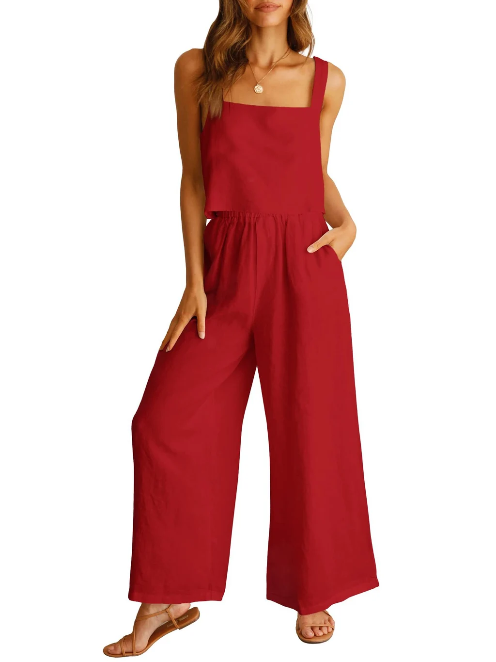 Sleeveless Camisole Wide Leg Pants Casual Suit - Red