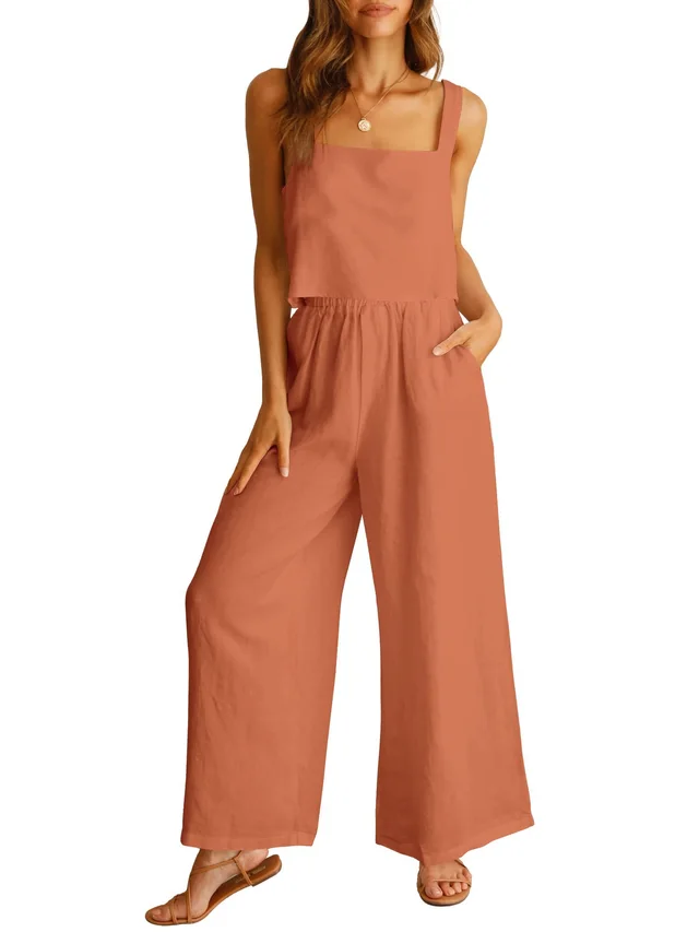 Sleeveless Camisole Wide Leg Pants Casual Suit Rust Red - Shop at LoveMi
