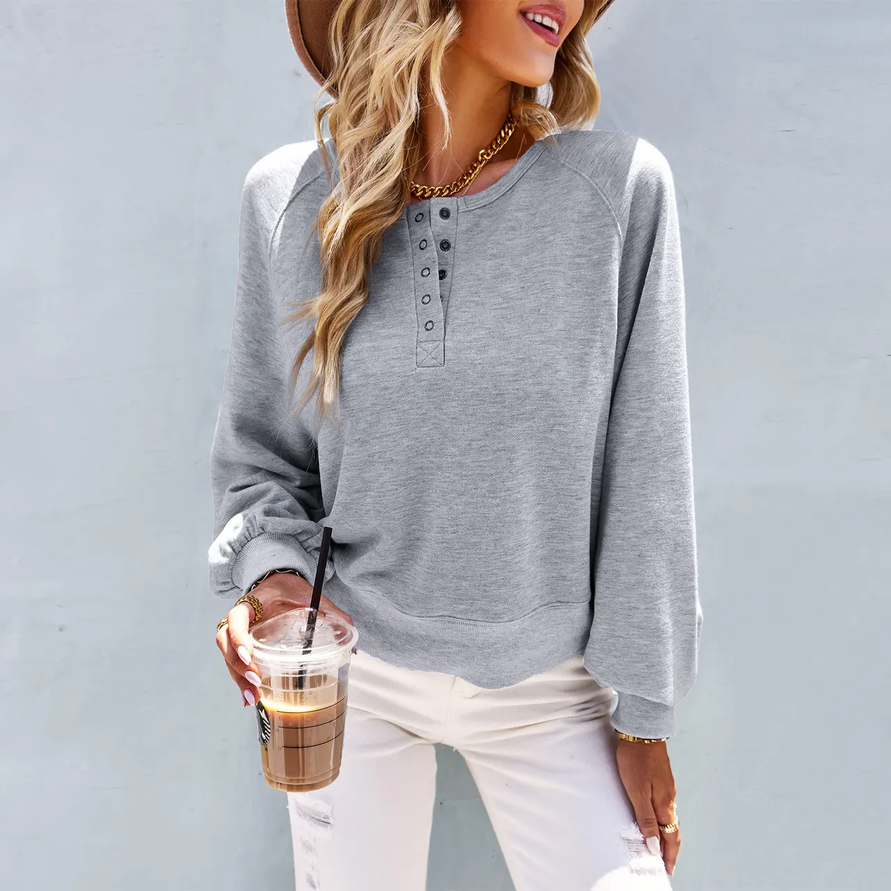 Women's Fashion Loose Casual Solid Color Hoodie Long-sleeved Top - Flower Gray