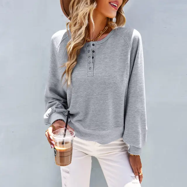Women's Fashion Loose Casual Solid Color Hoodie Long sleeved Top Flower Gray - Shop at LoveMi