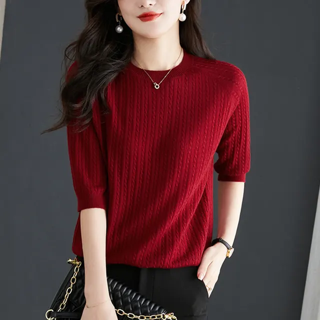 New Loose Twist Western Style Shirt Knitwear Thin Burgundy - Shop at LoveMi