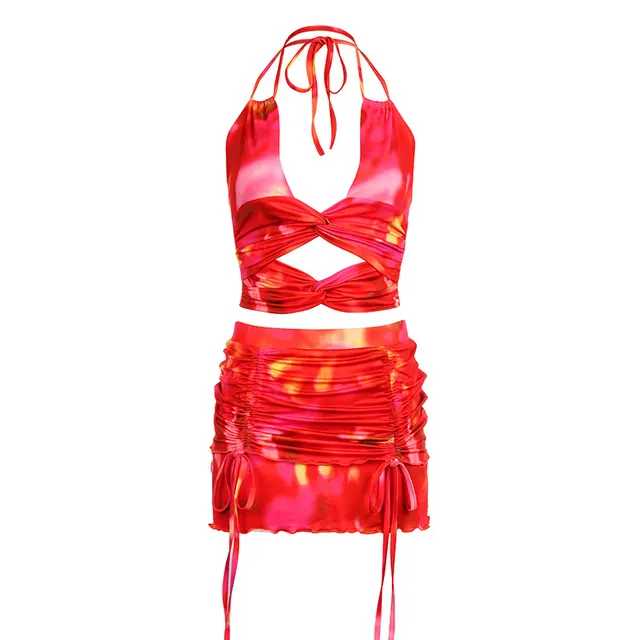 Tie dyed Printed Deep V Halter Corset High Waist Short Skirt Red Suit - Shop at LoveMi