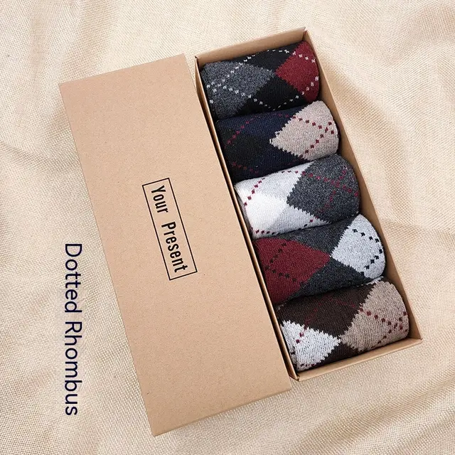 5 Pairs Men's Boxed Mid calf Wool Socks Male Dotted Rhombus - Shop at LoveMi