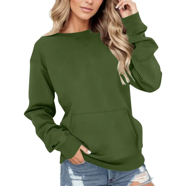 Round Neck Pullover Long Sleeve Pocket Solid Color Hoodie Army Green - Shop at LoveMi