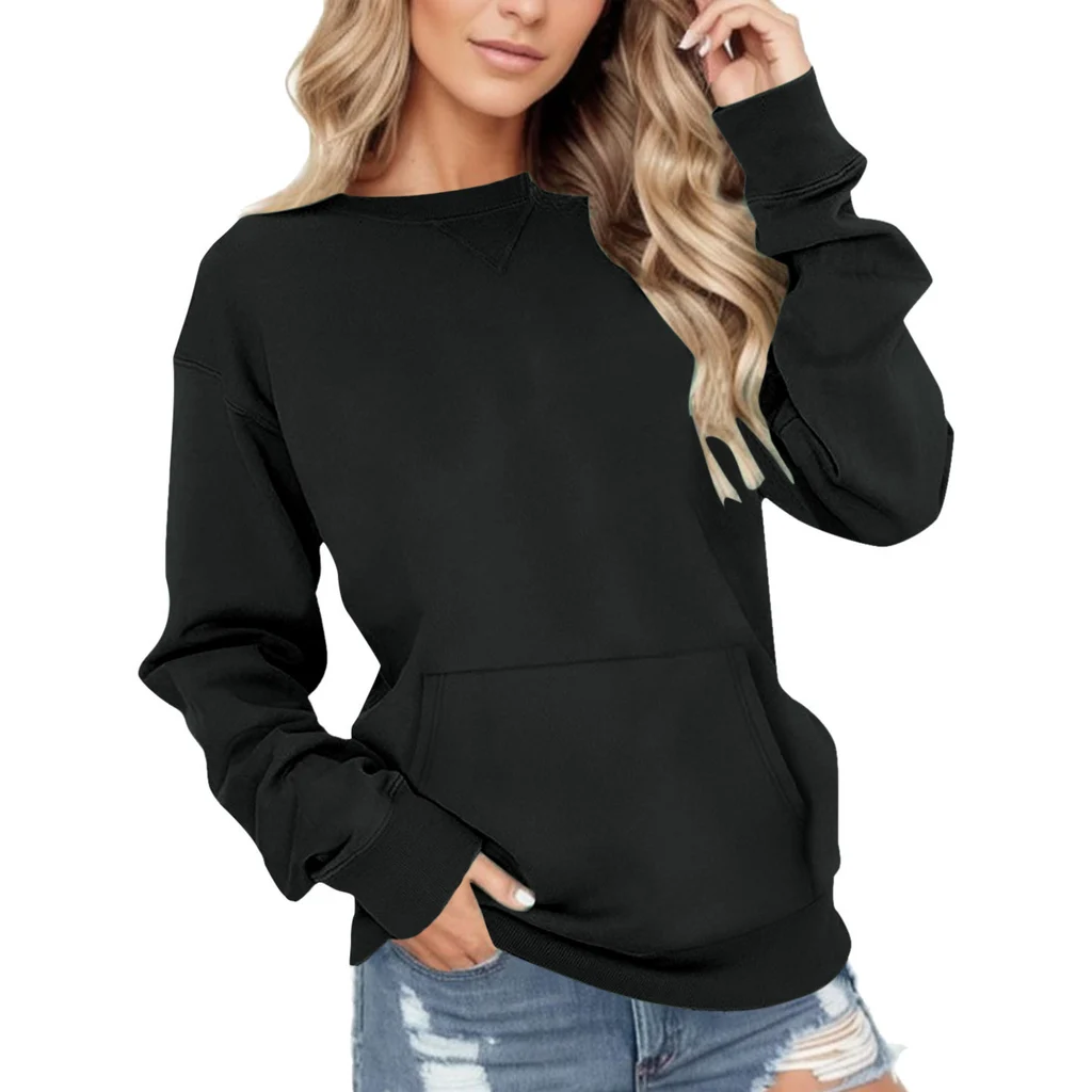 Round Neck Pullover Long Sleeve Pocket Solid Colour Hoodie - Black