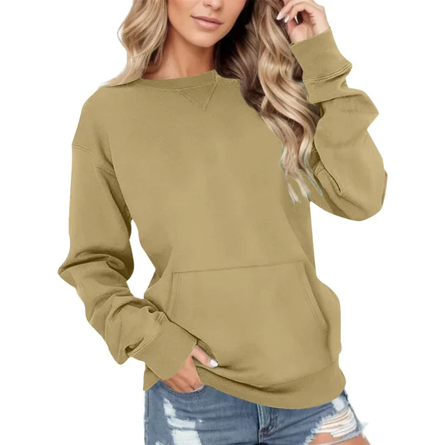 Round Neck Pullover Long Sleeve Pocket Solid Color Hoodie Khaki - Shop at LoveMi