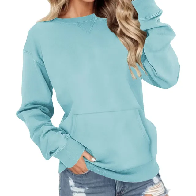 Round Neck Pullover Long Sleeve Pocket Solid Color Hoodie Sky Blue - Shop at LoveMi