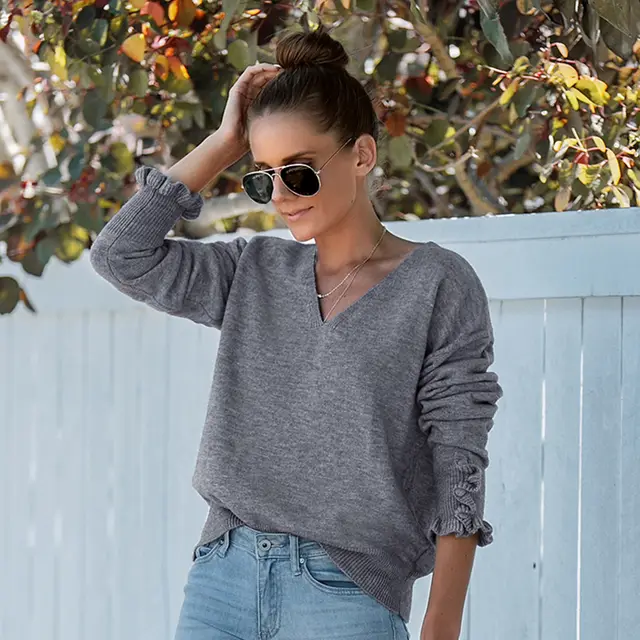 Women's Fashion Solid Color And V neck Long Sleeve Sweater Gray - Shop at LoveMi