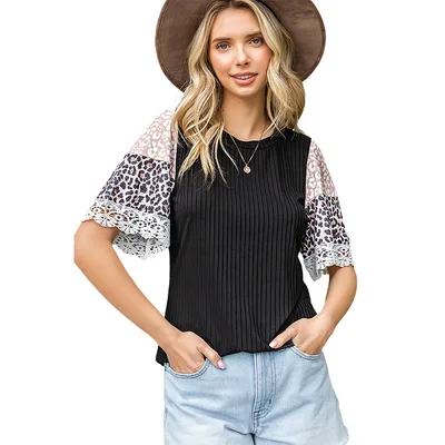 Round Neck Half Sleeve Loose Top Summer New Fashion Leopard Print Lace T shirt Black - Shop at LoveMi