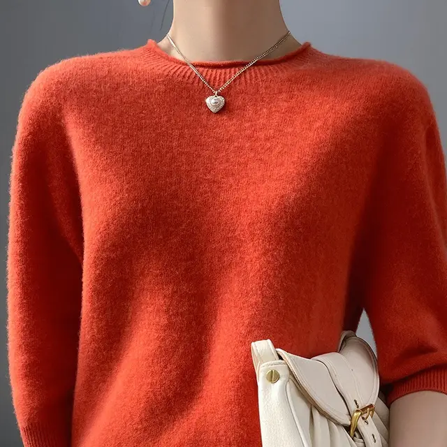 Spring Style Front Line Ready made Garments Pure Wool Sweater Round Neck Curling Half Sleeve Sunset Orange - Shop at LoveMi