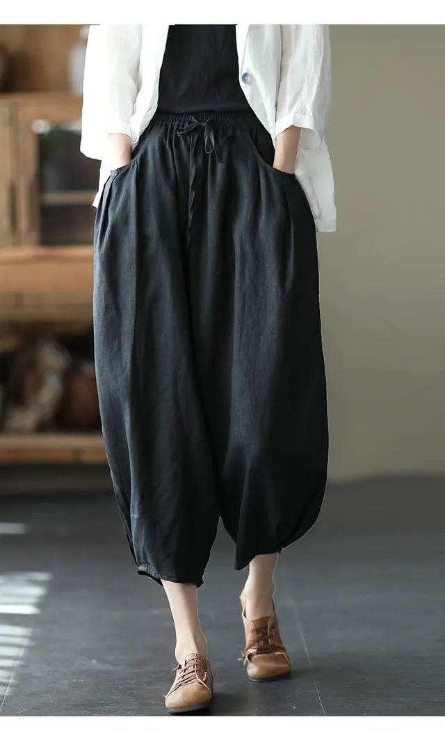 Cotton Harem Pants Linen Loose Bloomers Black - Shop at LoveMi