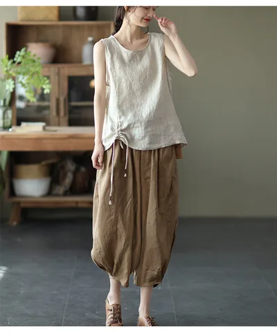 Cotton Harem Pants Linen Loose Bloomers Coffee - Shop at LoveMi