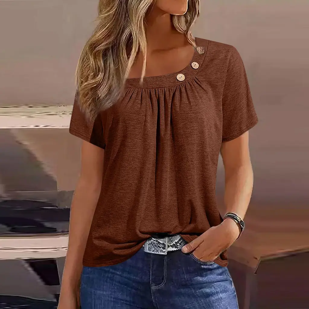 Loose Solid Color Round Neck Button Pleated Short Sleeves T-shirt - Brown