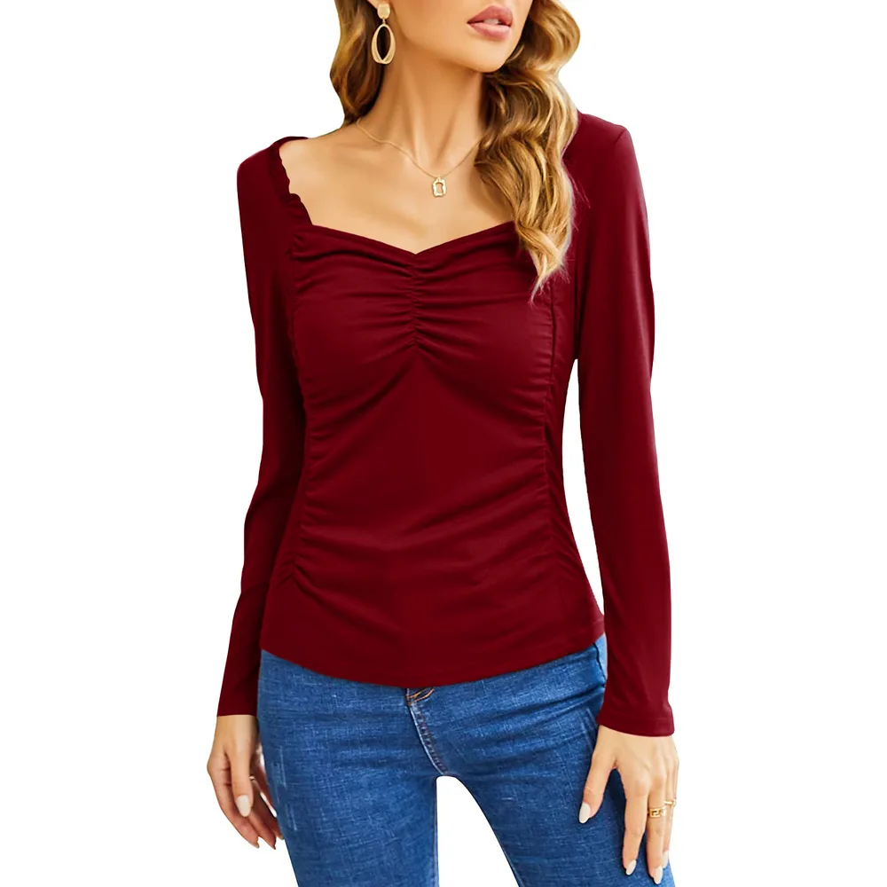 Women's Fashion Casual Square Collar Pleated Slim fit Long Sleeve Red - Shop at LoveMi
