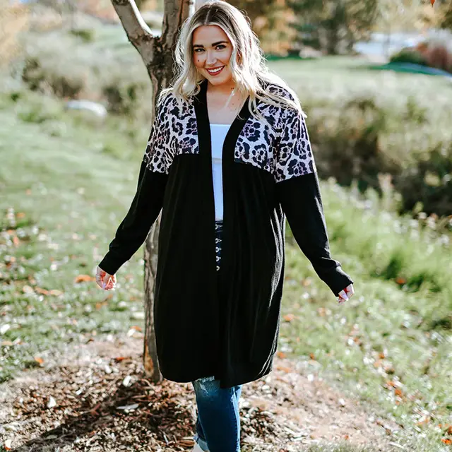 Leopard Splicing Knitwear European And American style Mid length Casual Loose Jacket Black - Shop at LoveMi