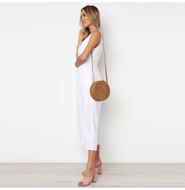 Dacron V neck Button Backless Jumpsuit White - Shop at LoveMi
