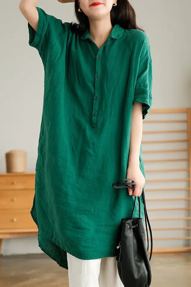 Literary Solid Color Linen Mid length Shirt Green - Shop at LoveMi