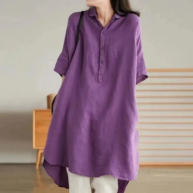 Literary Solid Color Linen Mid length Shirt Purple - Shop at LoveMi