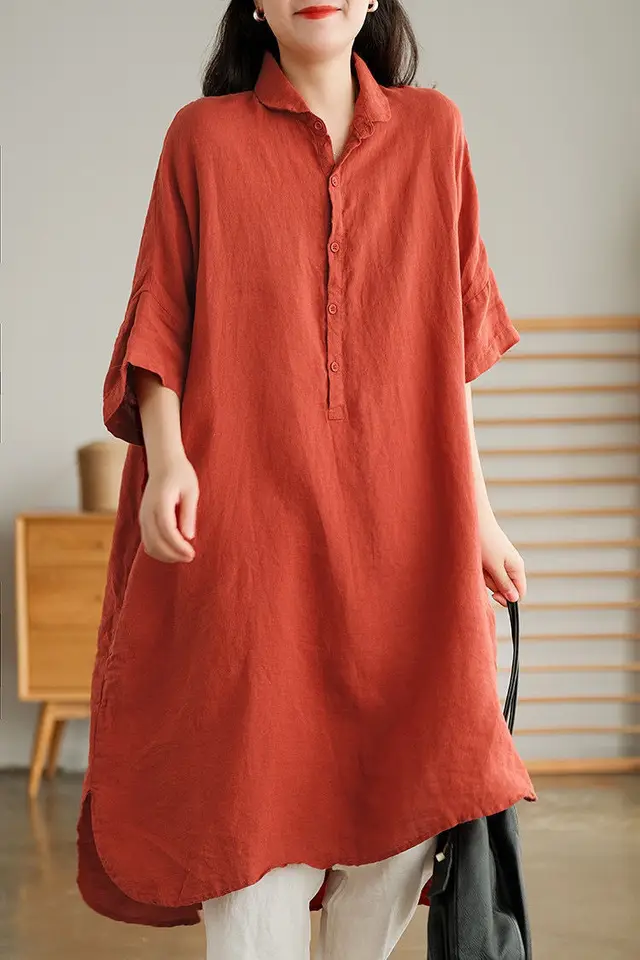 Literary Solid Color Linen Mid length Shirt Red - Shop at LoveMi