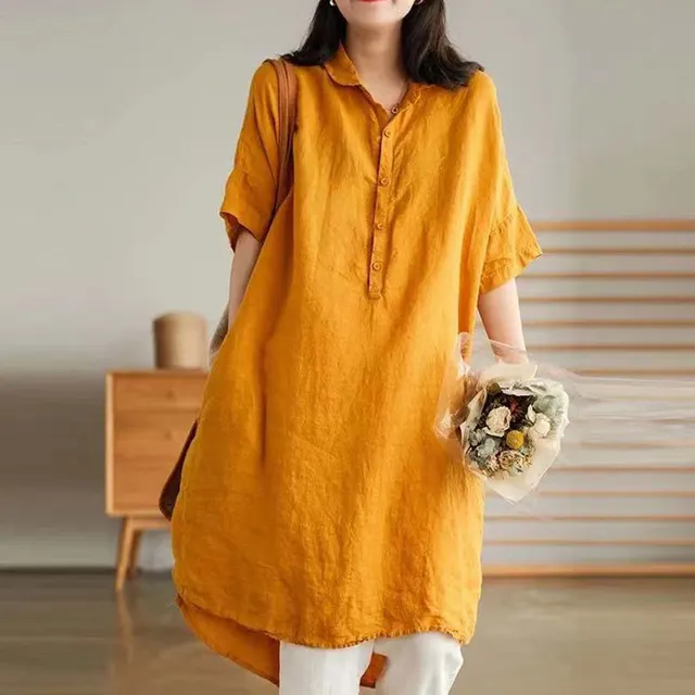 Literary Solid Color Linen Mid length Shirt Yellow - Shop at LoveMi