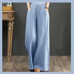 Pure Linen Plus Size Wide Leg Pants Women Drawstring Elastic - Blue