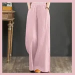 Pure Linen Plus Size Wide Leg Pants Women Drawstring Elastic - Pink