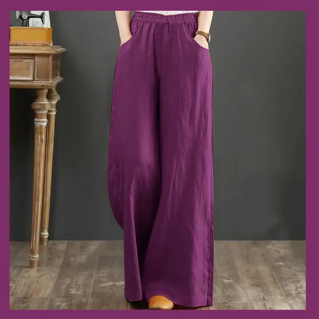 Pure Linen Plus Size Wide Leg Pants Women Drawstring Elastic Purple - Shop at LoveMi