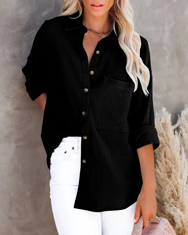 V Neck Button Ladies Cotton Linen Shirt Black - Shop at LoveMi