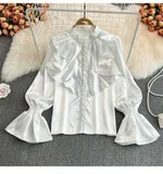 Bell Sleeve Stand Collar Acetate Satin Shirt French Style Design Loose Top For Women - White