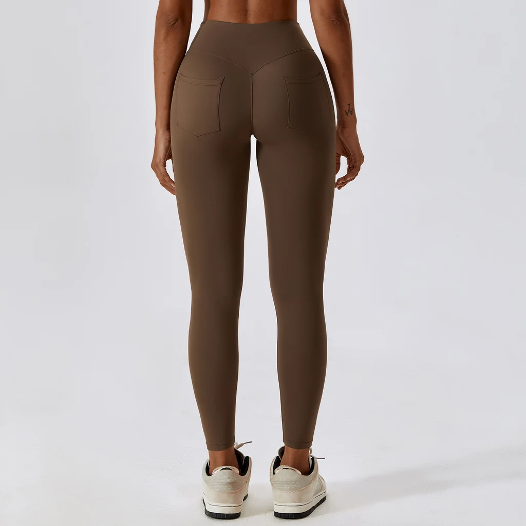 Nude Feel High Waist Hip Lift Yoga Pants Pocket Belly Contracting - Coke Tea Coffee Color