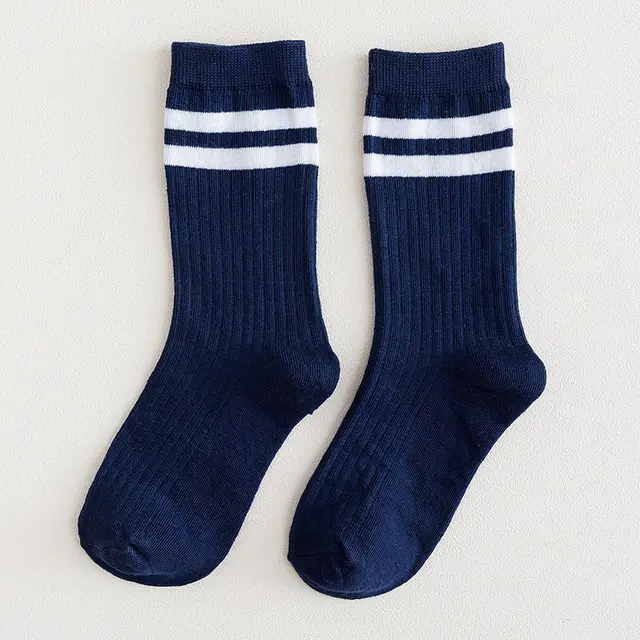 Mid calf Length College Style Parallel Bars Trendy Retro Women's Striped Socks Dark Blue - Shop at LoveMi