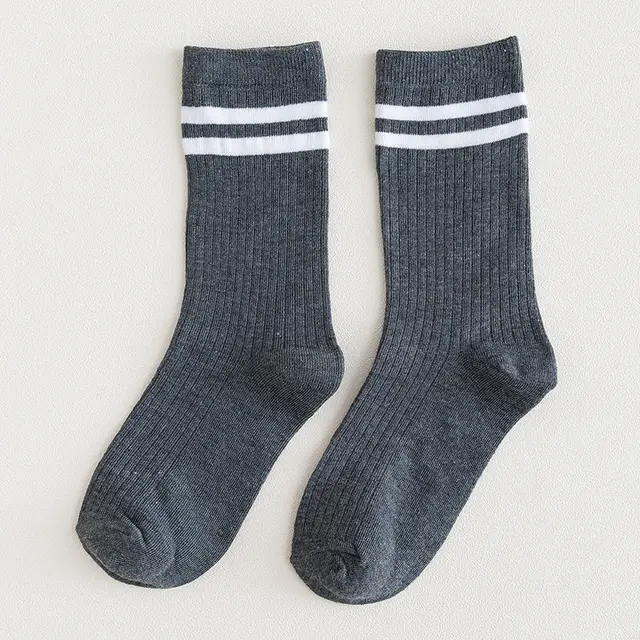 Mid calf Length College Style Parallel Bars Trendy Retro Women's Striped Socks Dark Gray - Shop at LoveMi